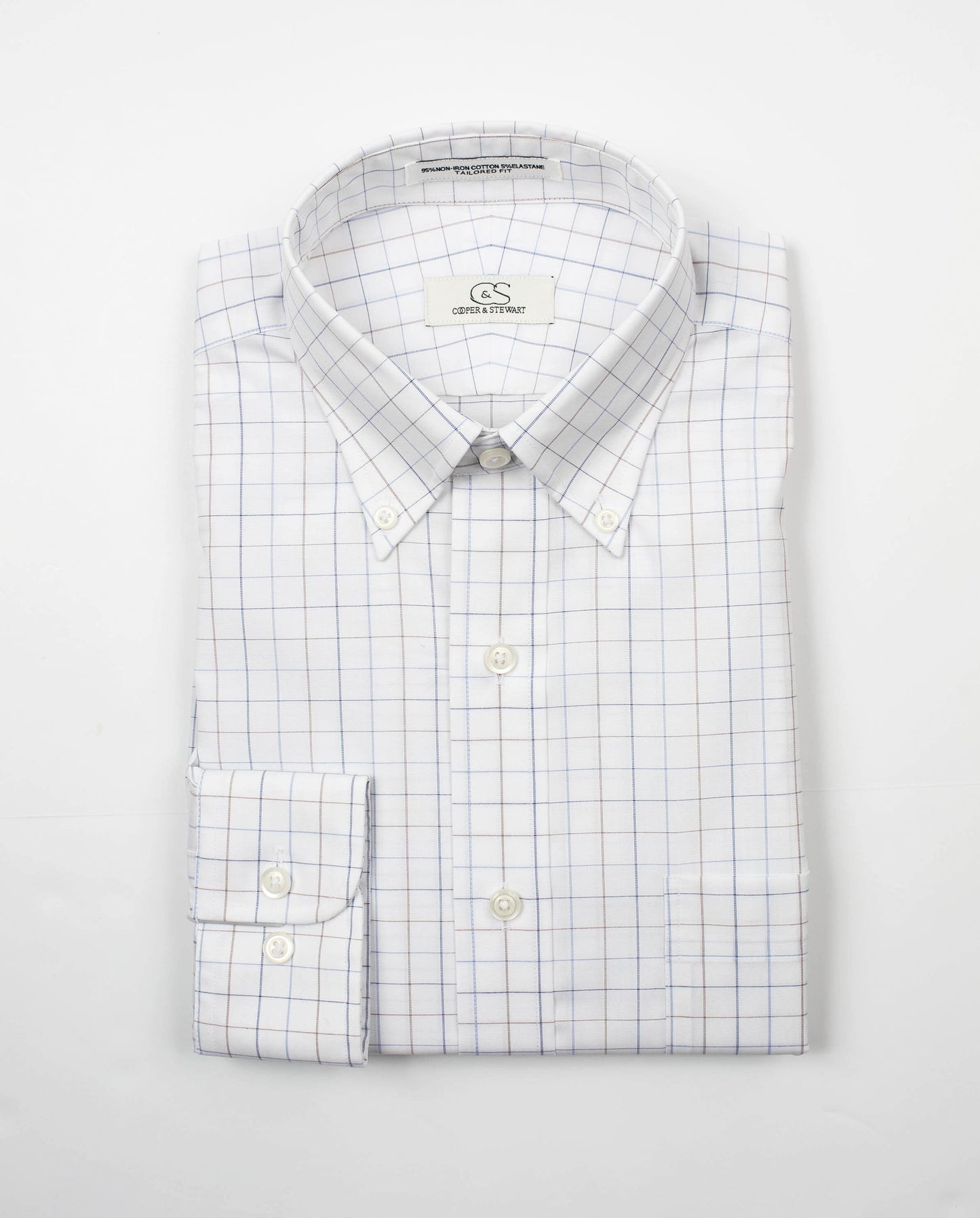 022 BD - White Ground Blue/Tan Check Button Down Collar (95/5) Cooper and Stewart