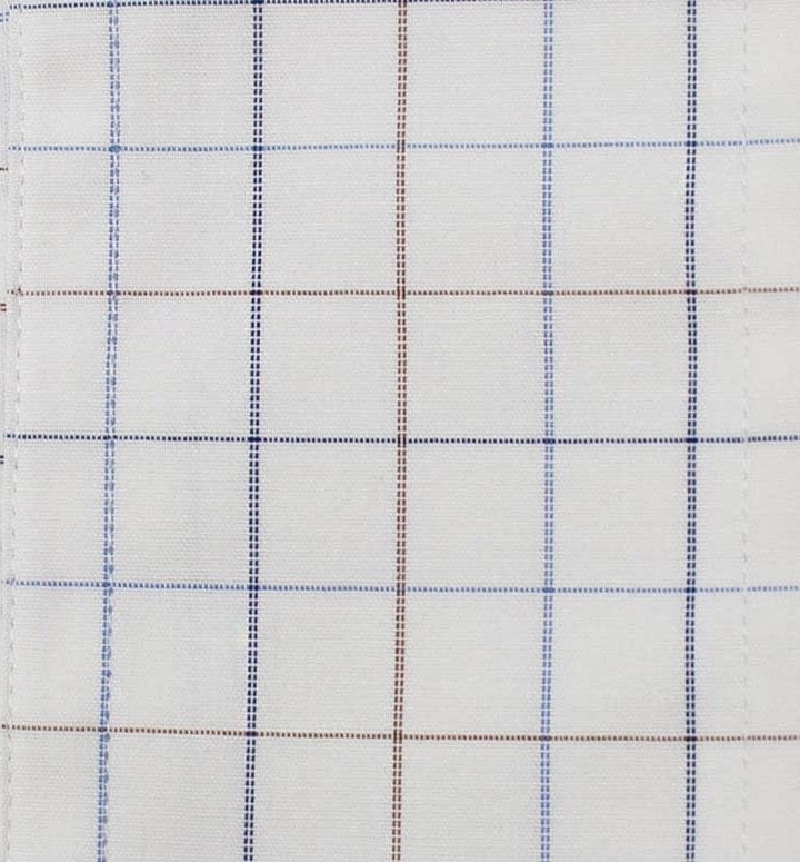 022 TF SC - White Ground Blue/Tan Check Tailored Fit Spread Collar Cooper and Stewart