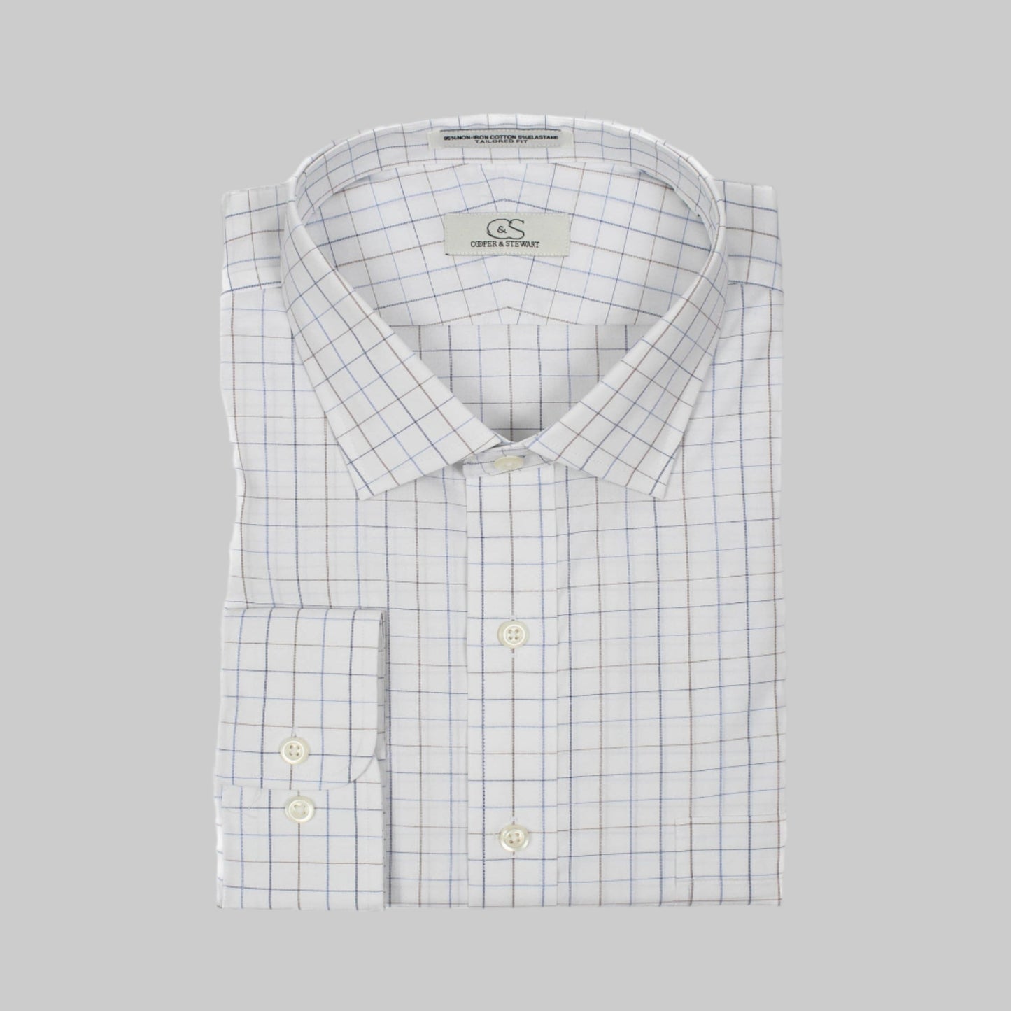 022 SC - White Ground Blue/Tan Check Spread Collar (95/5) Cooper and Stewart