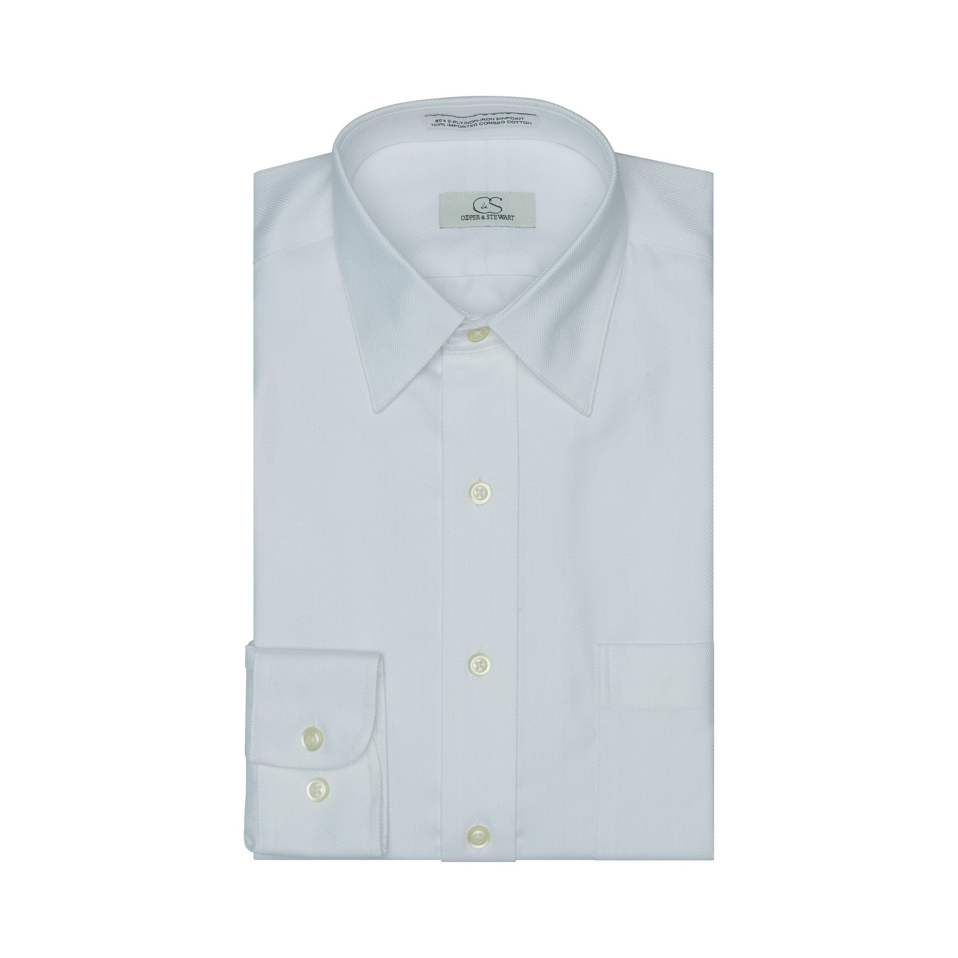 008 TF SC - White Herringbone Tailored Fit Spread Collar Cooper and Stewart 