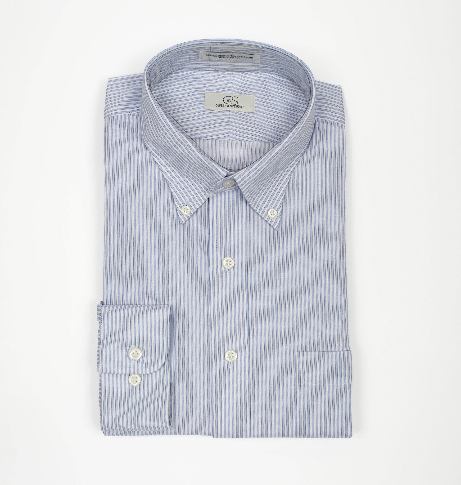 012 TF BD - Blue New Stripe Tailored Fit Button Down Collar (95/5) Cooper and Stewart 