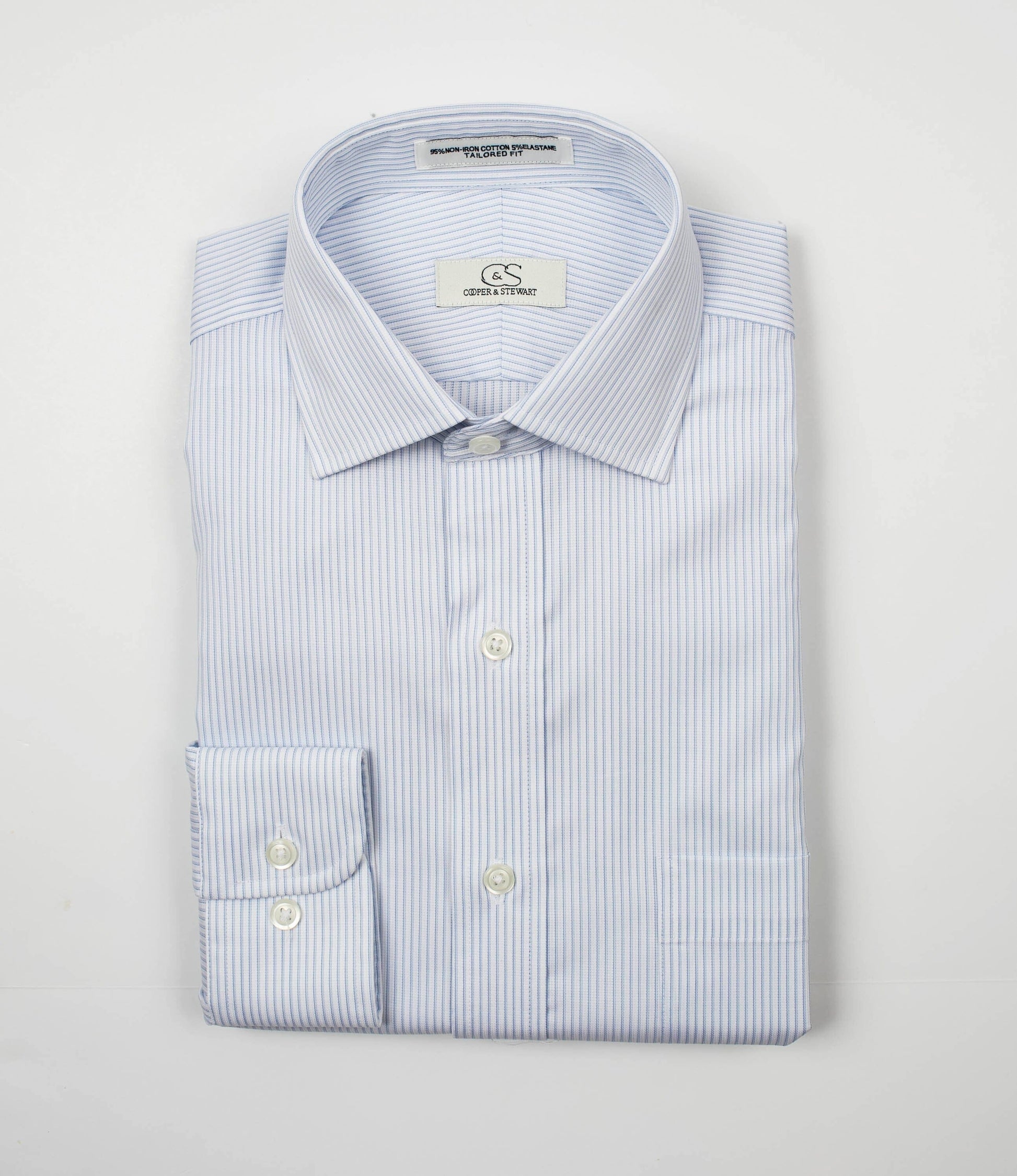 013 SC - Blue Textured Stripe Spread Collar (95/5) Cooper and Stewart 