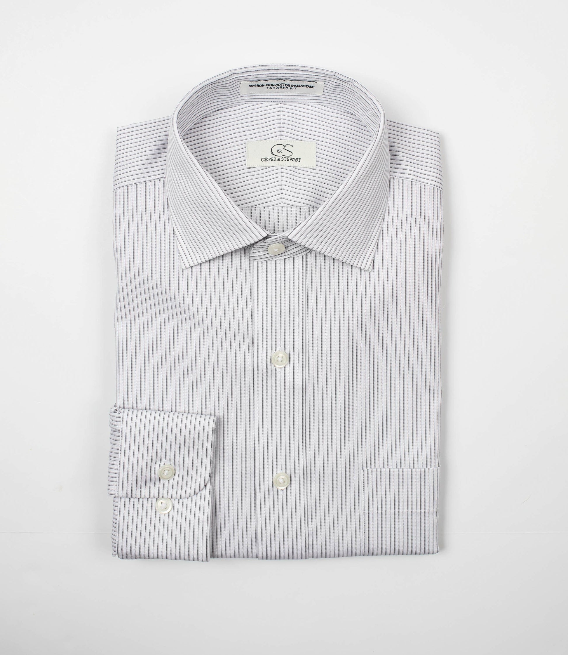 014 TF SC - Black Textured Stripe Tailored Fit Spread Collar (95/5) Cooper and Stewart 