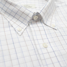 022 BD - White Ground Blue/Tan Check Button Down Collar (95/5) Cooper and Stewart 