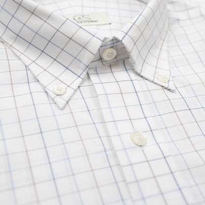022 BD - White Ground Blue/Tan Check Button Down Collar (95/5) Cooper and Stewart 