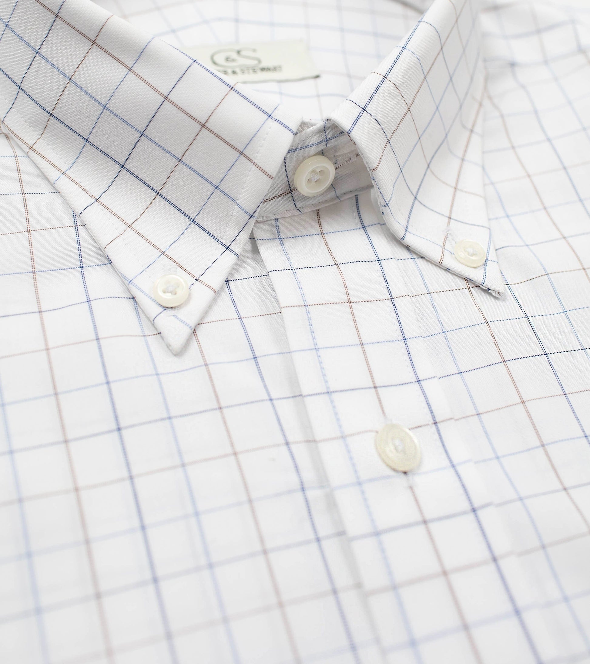 022 TF BD - White Ground Blue/Tan Check Tailored Fit Button Down Collar Cooper and Stewart 