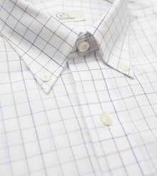 022 TF BD - White Ground Blue/Tan Check Tailored Fit Button Down Collar Cooper and Stewart 