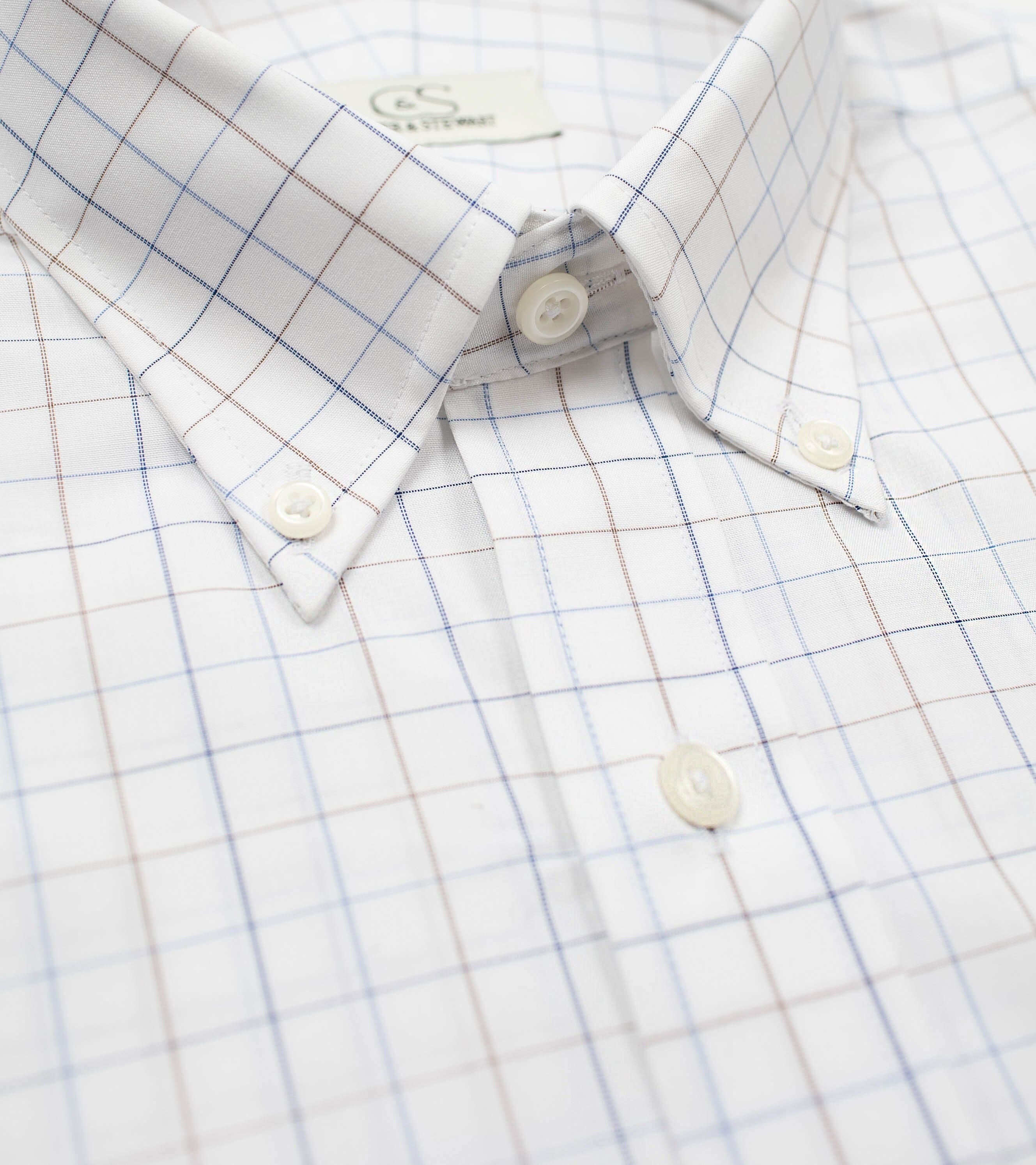 022 TF BD - White Ground Blue/Tan Check Tailored Fit Button Down Collar Cooper and Stewart 