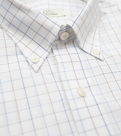022 TF BD - White Ground Blue/Tan Check Tailored Fit Button Down Collar Cooper and Stewart 