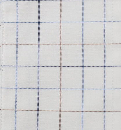 022 TF SC - White Ground Blue/Tan Check Tailored Fit Spread Collar Cooper and Stewart 