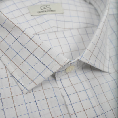 022 SC - White Ground Blue/Tan Check Spread Collar (95/5) Cooper and Stewart 