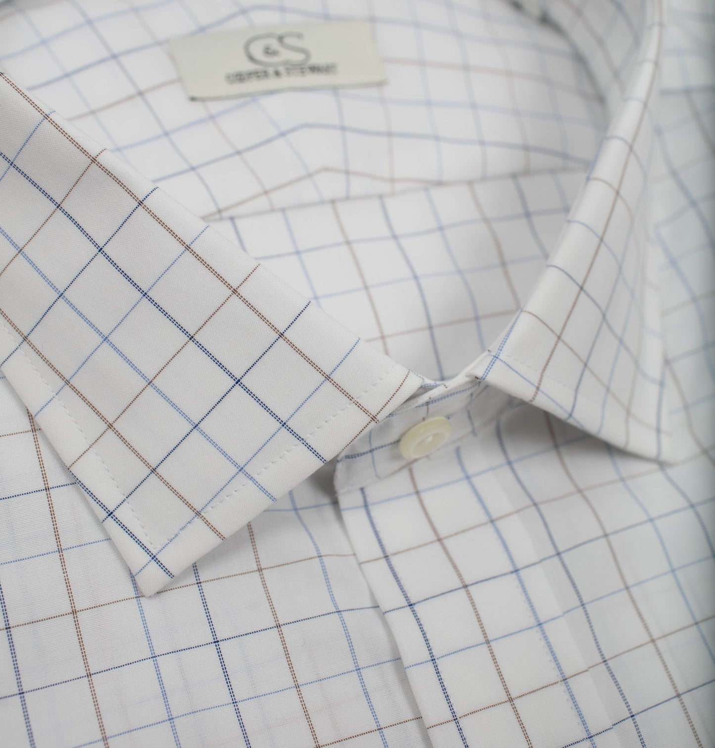 022 TF SC - White Ground Blue/Tan Check Tailored Fit Spread Collar Cooper and Stewart 