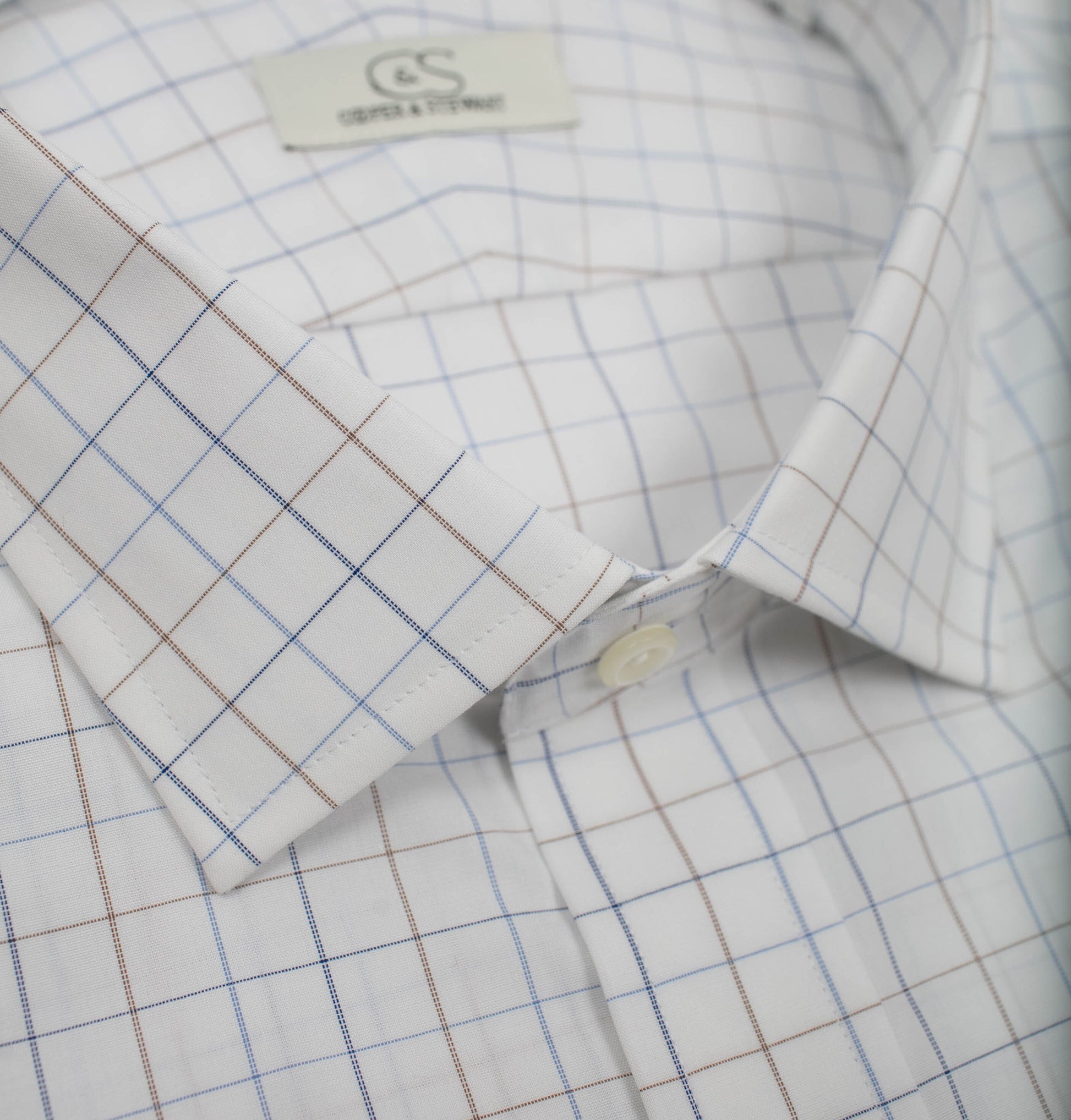 022 TF SC - White Ground Blue/Tan Check Tailored Fit Spread Collar Cooper and Stewart 