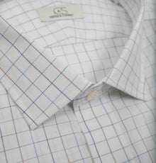 022 TF SC - White Ground Blue/Tan Check Tailored Fit Spread Collar Cooper and Stewart 
