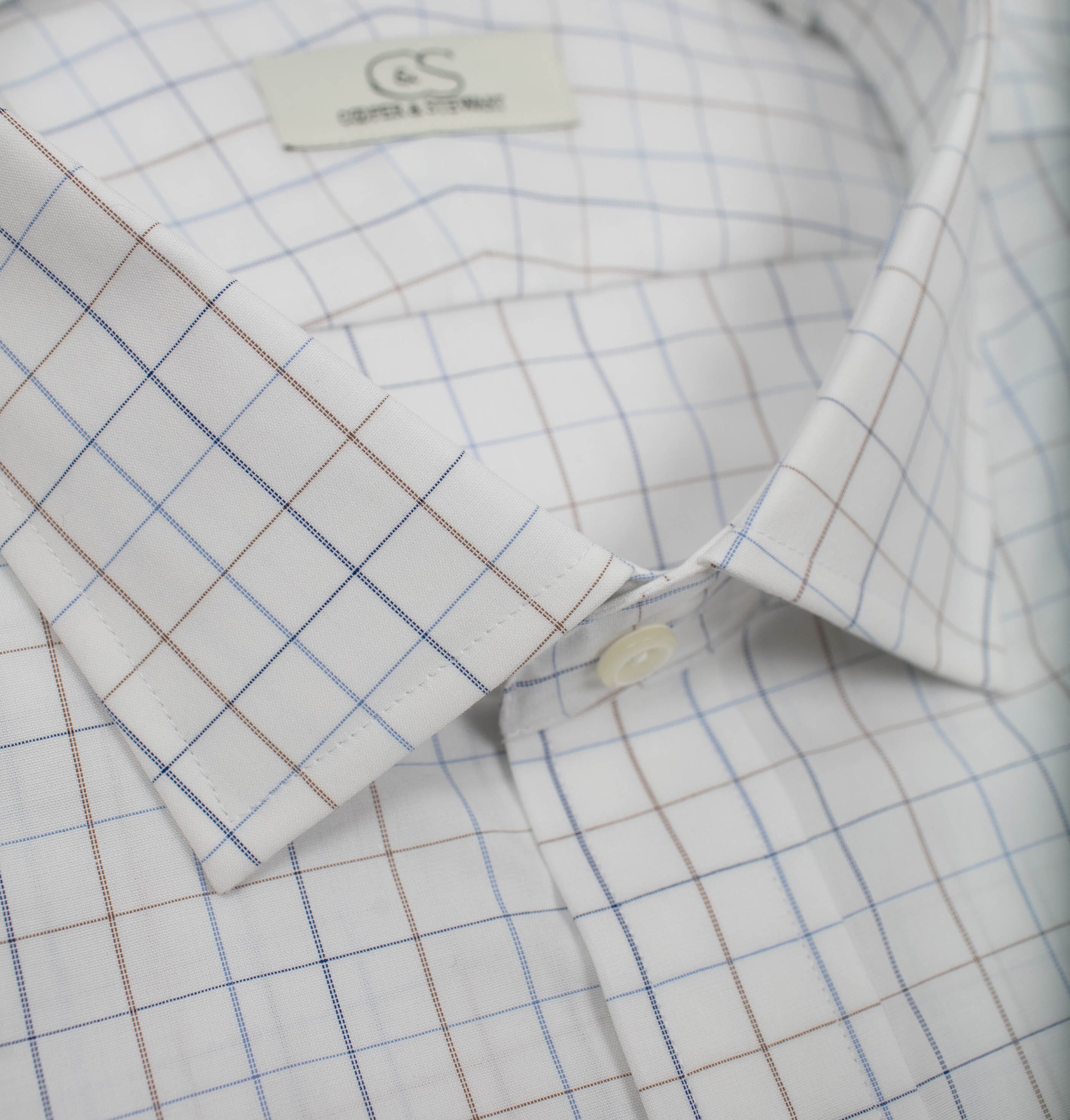 022 TF SC - White Ground Blue/Tan Check Tailored Fit Spread Collar Cooper and Stewart 