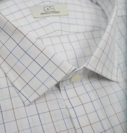 022 TF SC - White Ground Blue/Tan Check Tailored Fit Spread Collar Cooper and Stewart 