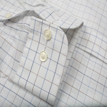 022 SC - White Ground Blue/Tan Check Spread Collar (95/5) Cooper and Stewart 