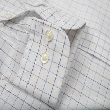 022 SC - White Ground Blue/Tan Check Spread Collar (95/5) Cooper and Stewart 