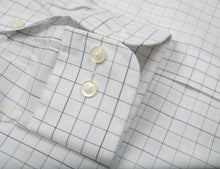 022 TF SC - White Ground Blue/Tan Check Tailored Fit Spread Collar Cooper and Stewart 
