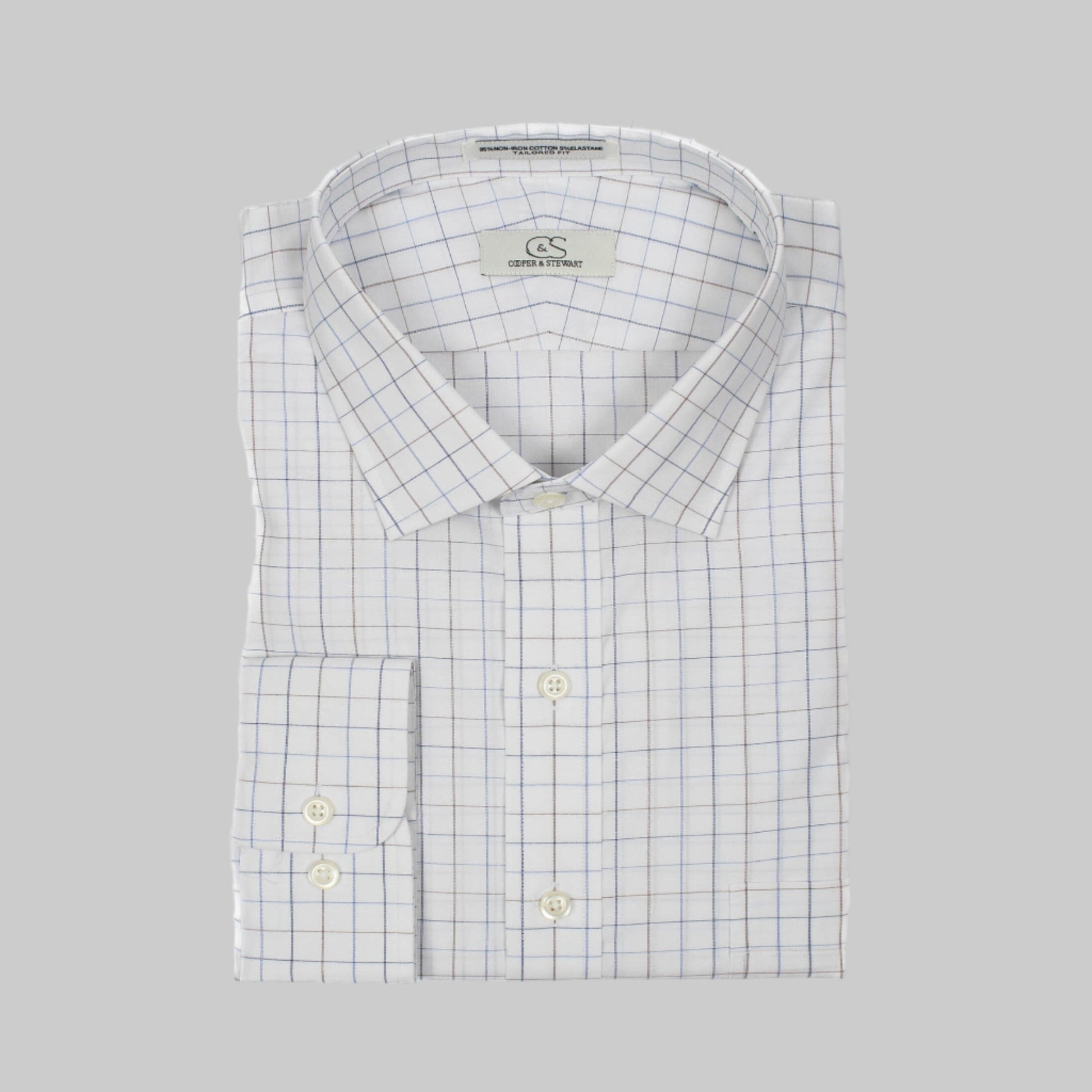 022 SC - White Ground Blue/Tan Check Spread Collar (95/5) Cooper and Stewart 