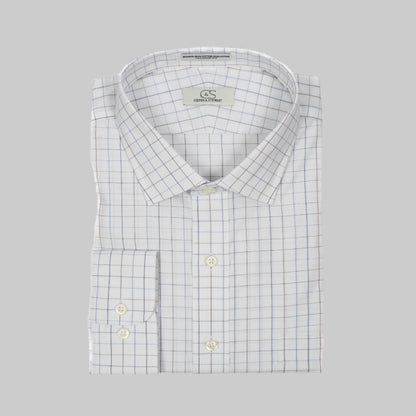 022 SC - White Ground Blue/Tan Check Spread Collar (95/5) Cooper and Stewart 
