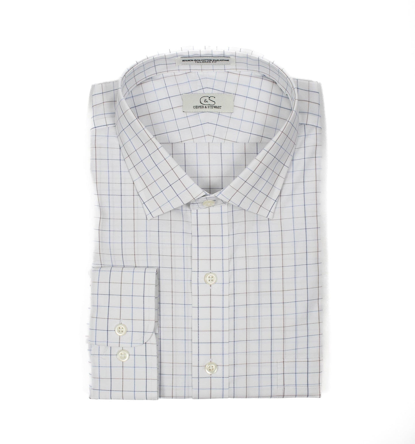 022 TF SC - White Ground Blue/Tan Check Tailored Fit Spread Collar Cooper and Stewart 