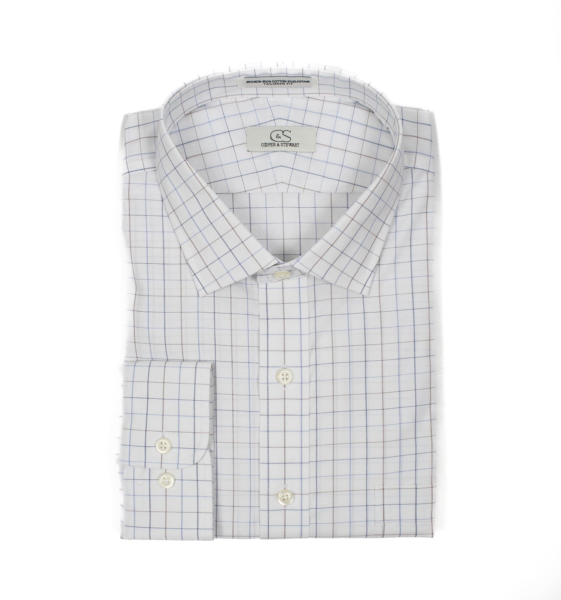 022 TF SC - White Ground Blue/Tan Check Tailored Fit Spread Collar Cooper and Stewart 