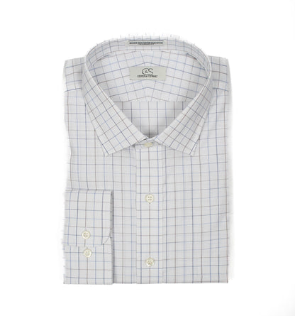 022 TF SC - White Ground Blue/Tan Check Tailored Fit Spread Collar Cooper and Stewart 