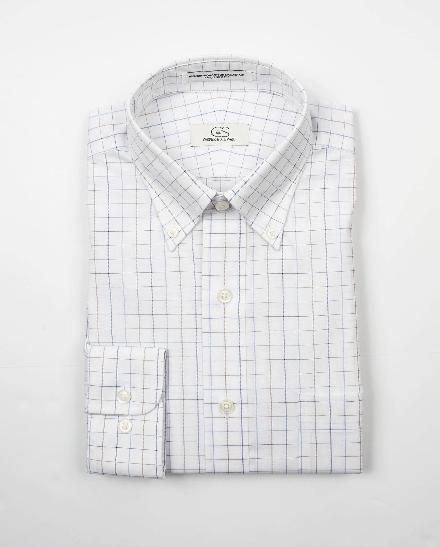 022 TF BD - White Ground Blue/Tan Check Tailored Fit Button Down Collar Cooper and Stewart 