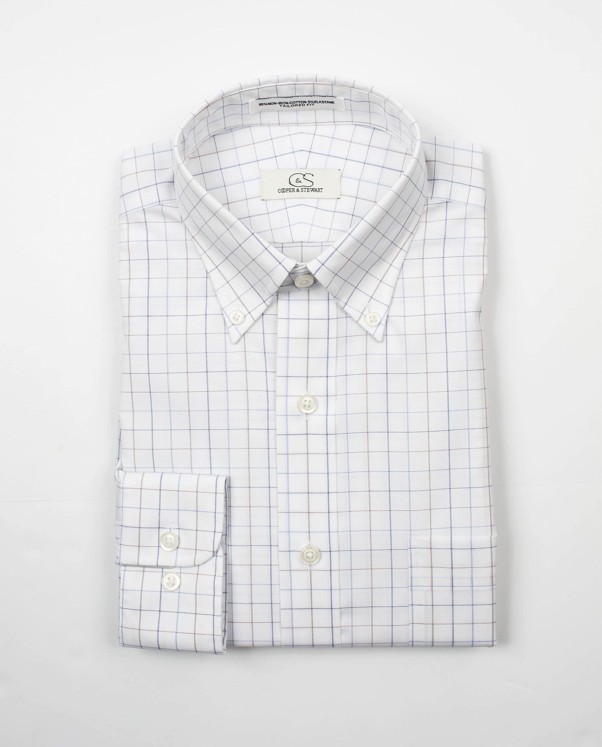 022 TF BD - White Ground Blue/Tan Check Tailored Fit Button Down Collar Cooper and Stewart 