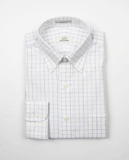 022 TF BD - White Ground Blue/Tan Check Tailored Fit Button Down Collar Cooper and Stewart 