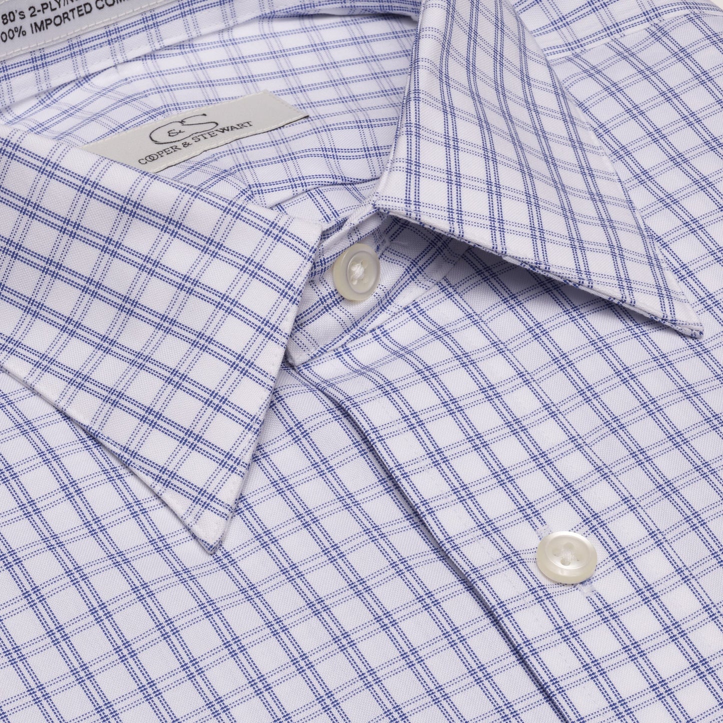 033 SC - Blue Double Bar Check Spread Collar Cooper and Stewart 