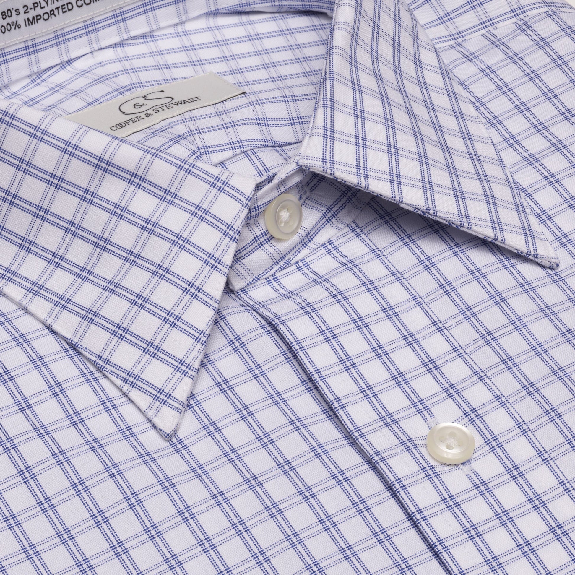 033 SC - Blue Double Bar Check Spread Collar Cooper and Stewart 