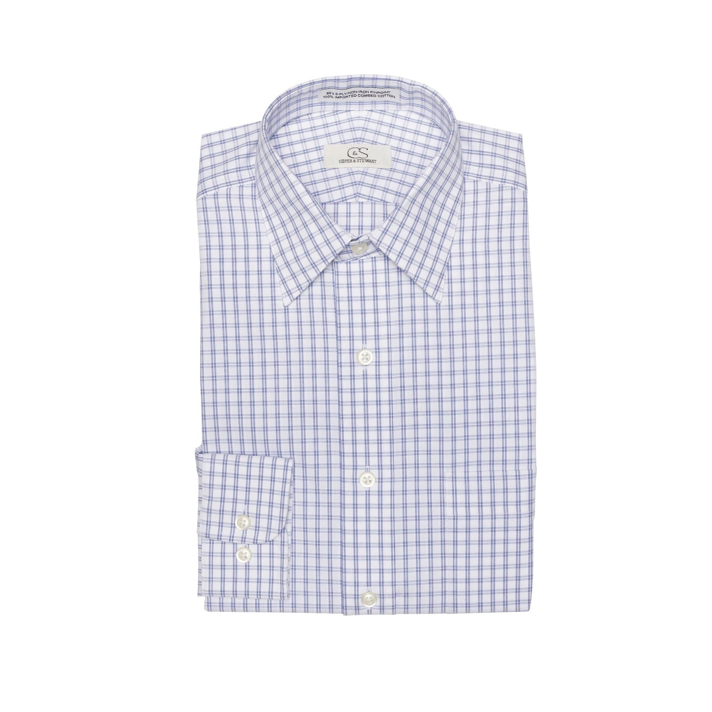 033 SC - Blue Double Bar Check Spread Collar Cooper and Stewart 