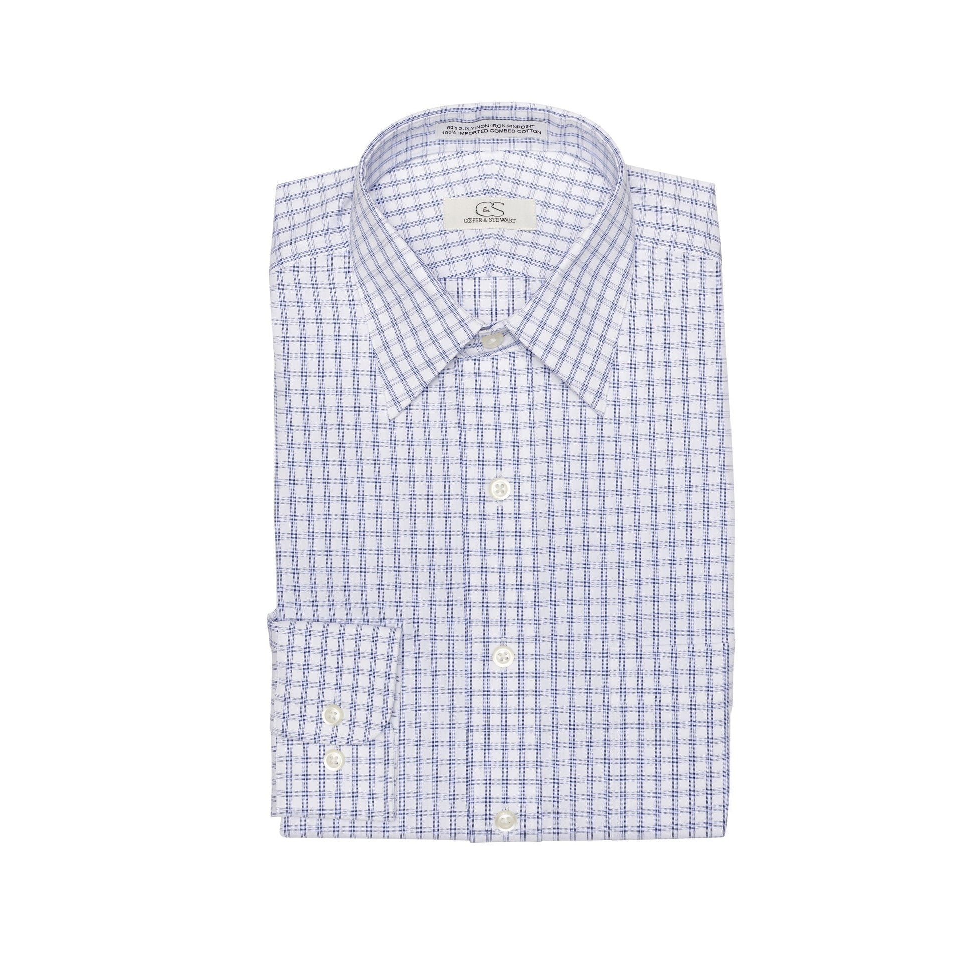 033 SC - Blue Double Bar Check Spread Collar Cooper and Stewart 