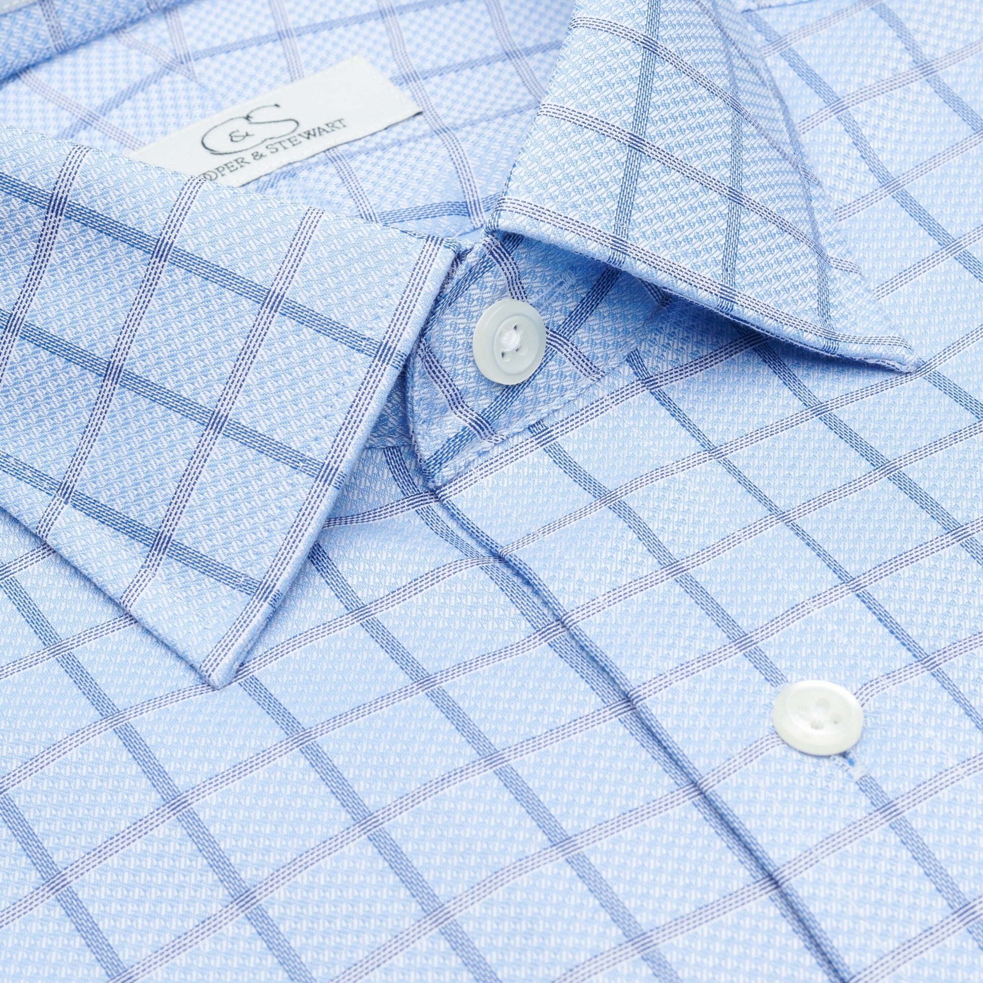 046 CP SC - Blue Text Box Check Spread Collar Cooper and Stewart 
