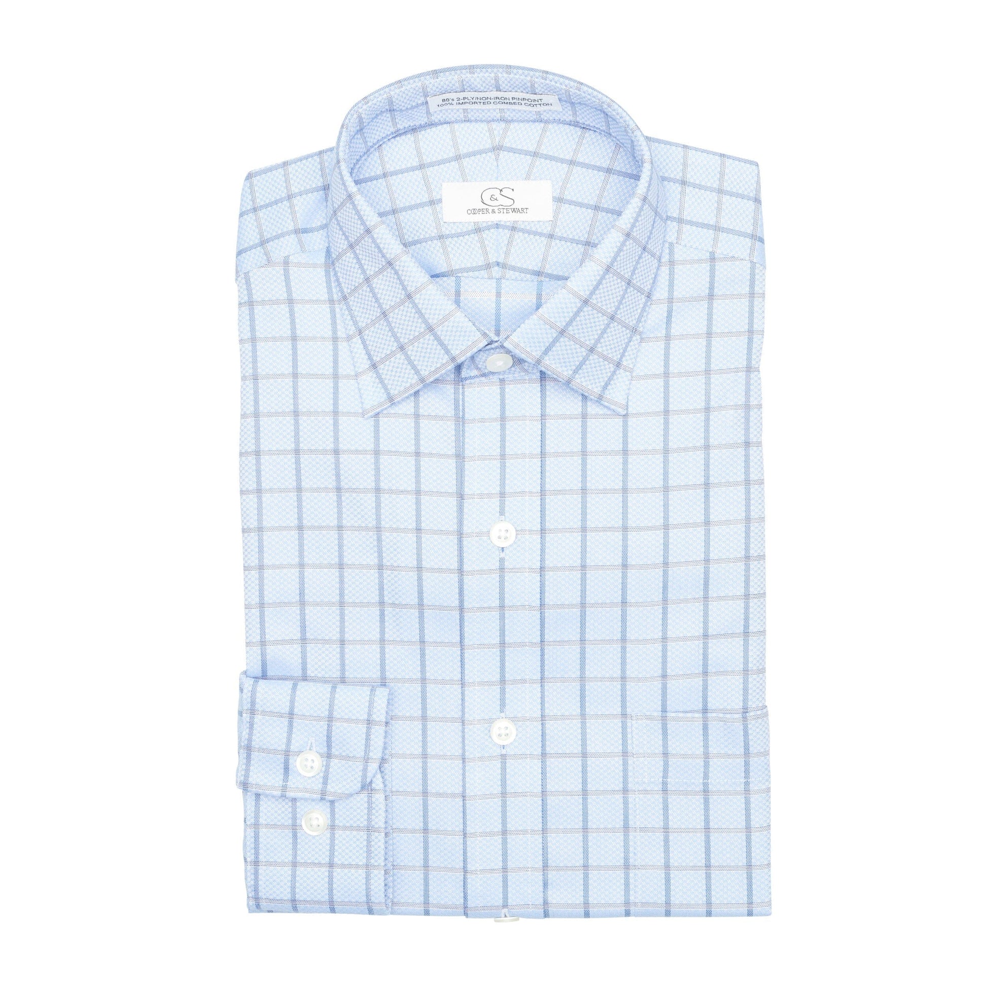 046 TF SC - Blue Text Box Check Tailored Fit Spread Collar Cooper and Stewart 