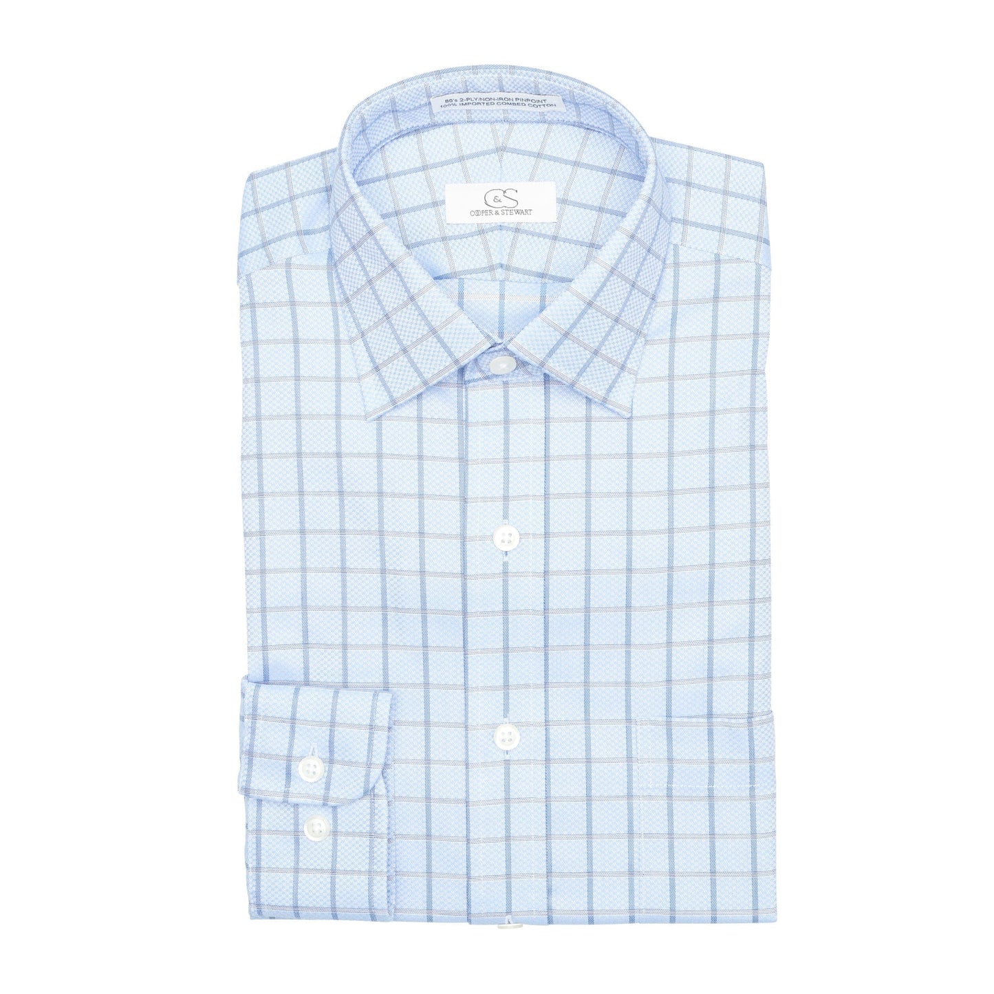 046 CP TF SC - Blue Text Box Check Tailored Fit Spread Collar Cooper and Stewart 