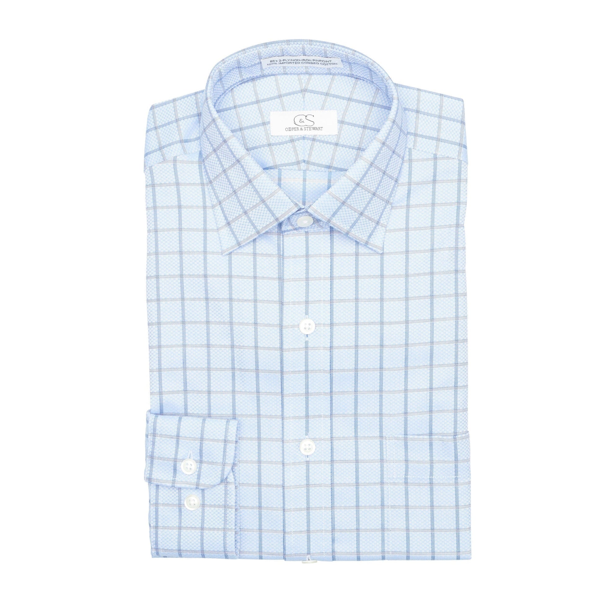 046 CP TF SC - Blue Text Box Check Tailored Fit Spread Collar Cooper and Stewart 
