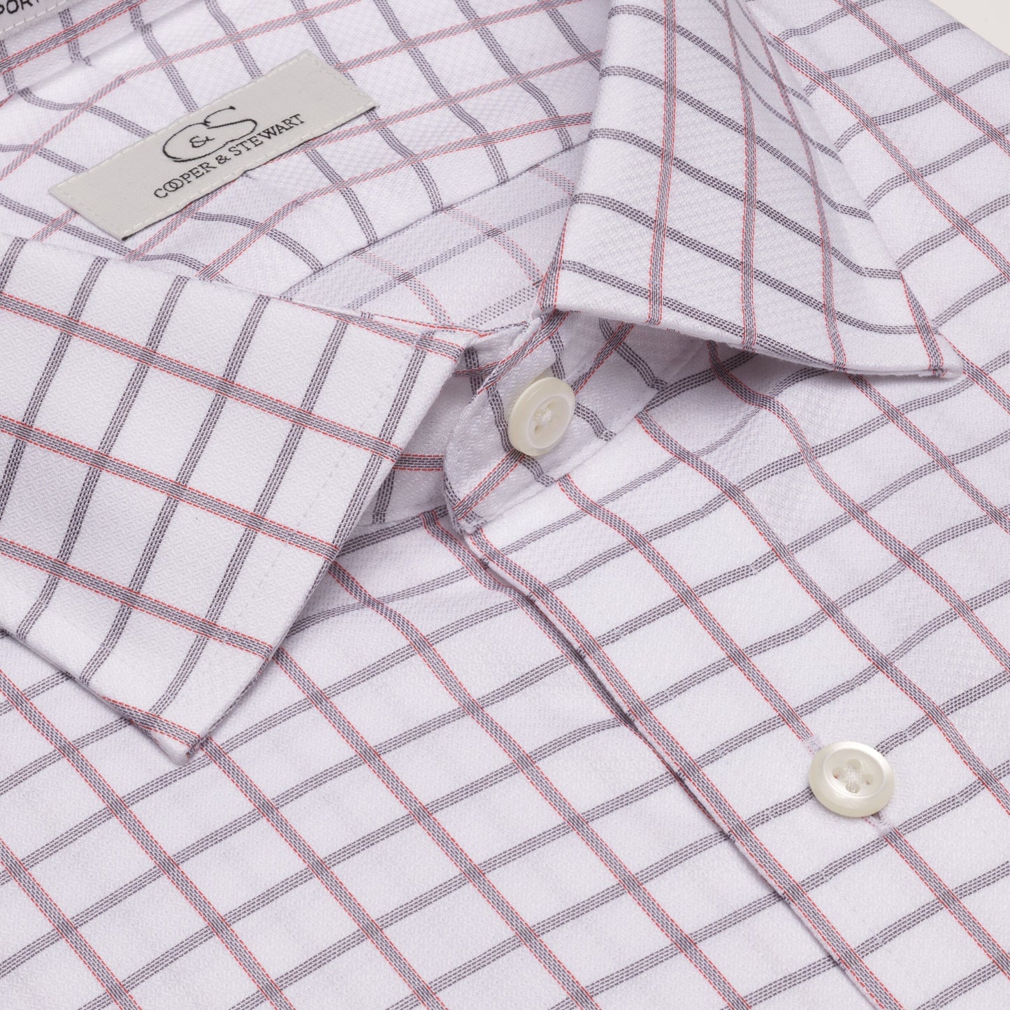047 SC - Coral Text Box Check Spread Collar Cooper and Stewart 