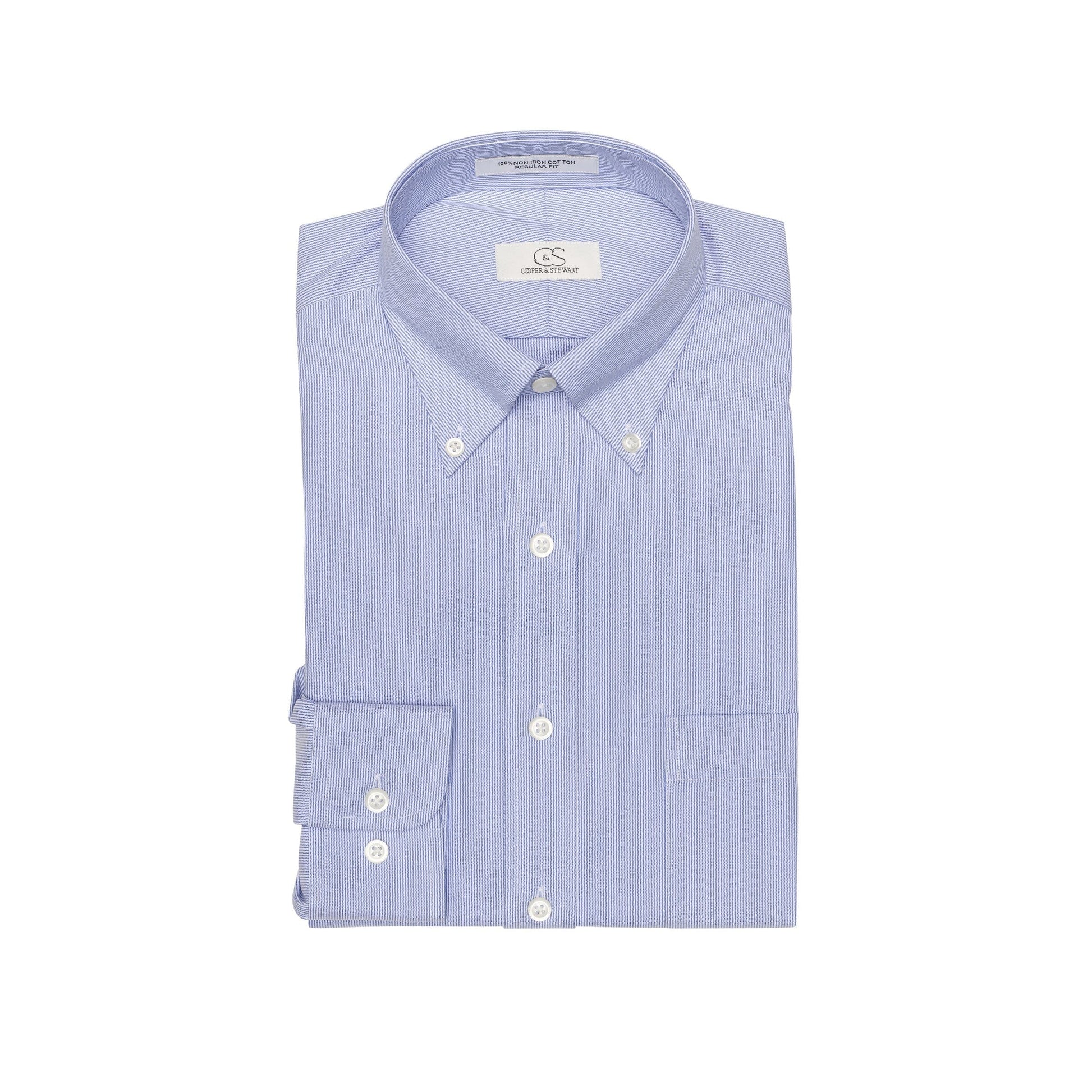 049 BD - Blue Fine Line Stripe Button Down Collar Cooper and Stewart 