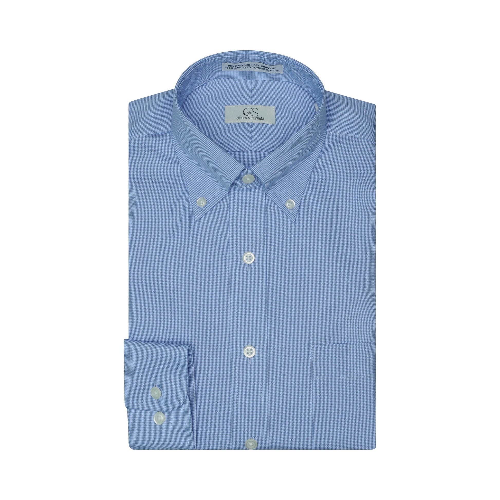 051 TF BD - Blue Houndstooth Tailored Fit Button Down Collar Cooper and Stewart 