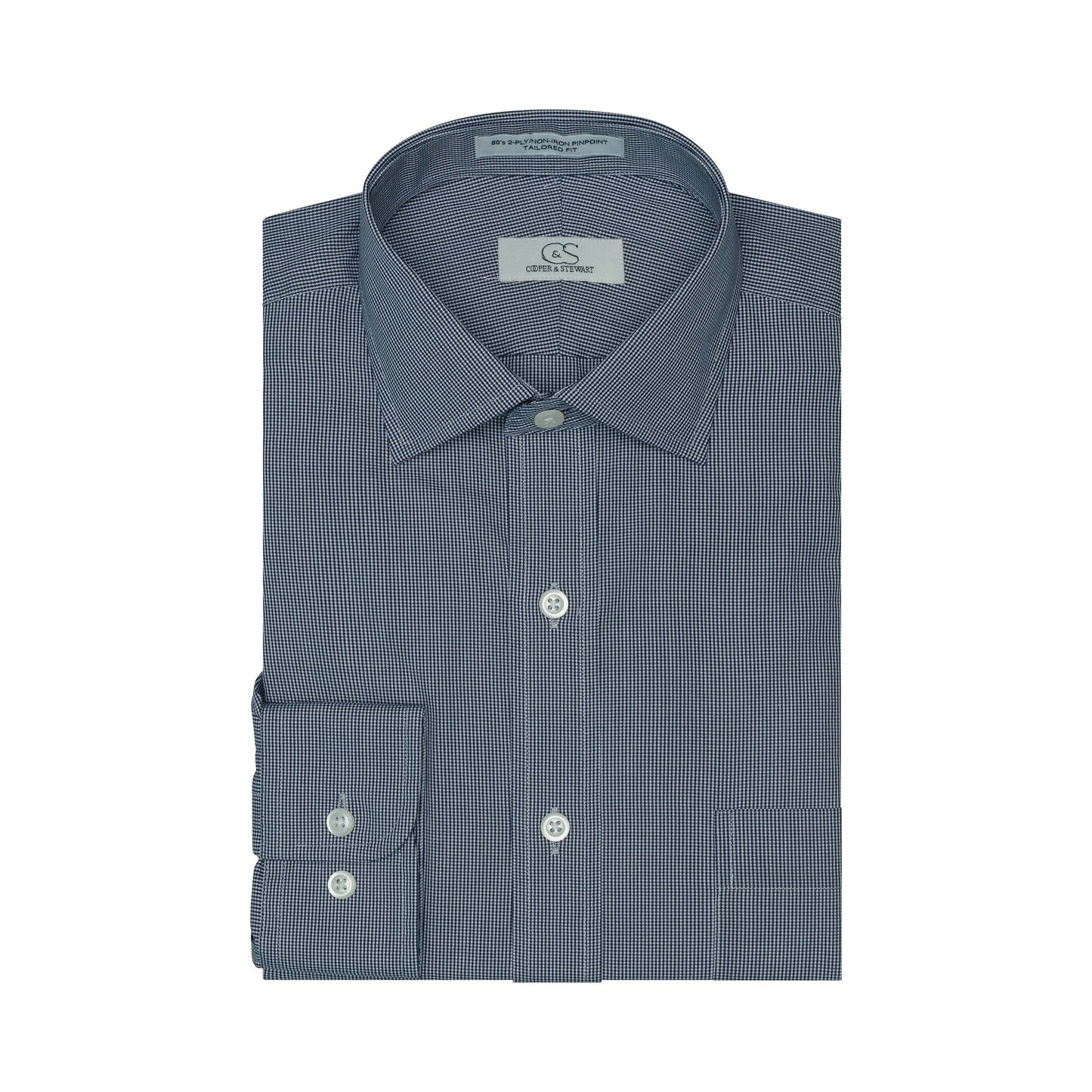 057 TF SC - Black Houndstooth Tailored Fit Spread Collar Cooper and Stewart 