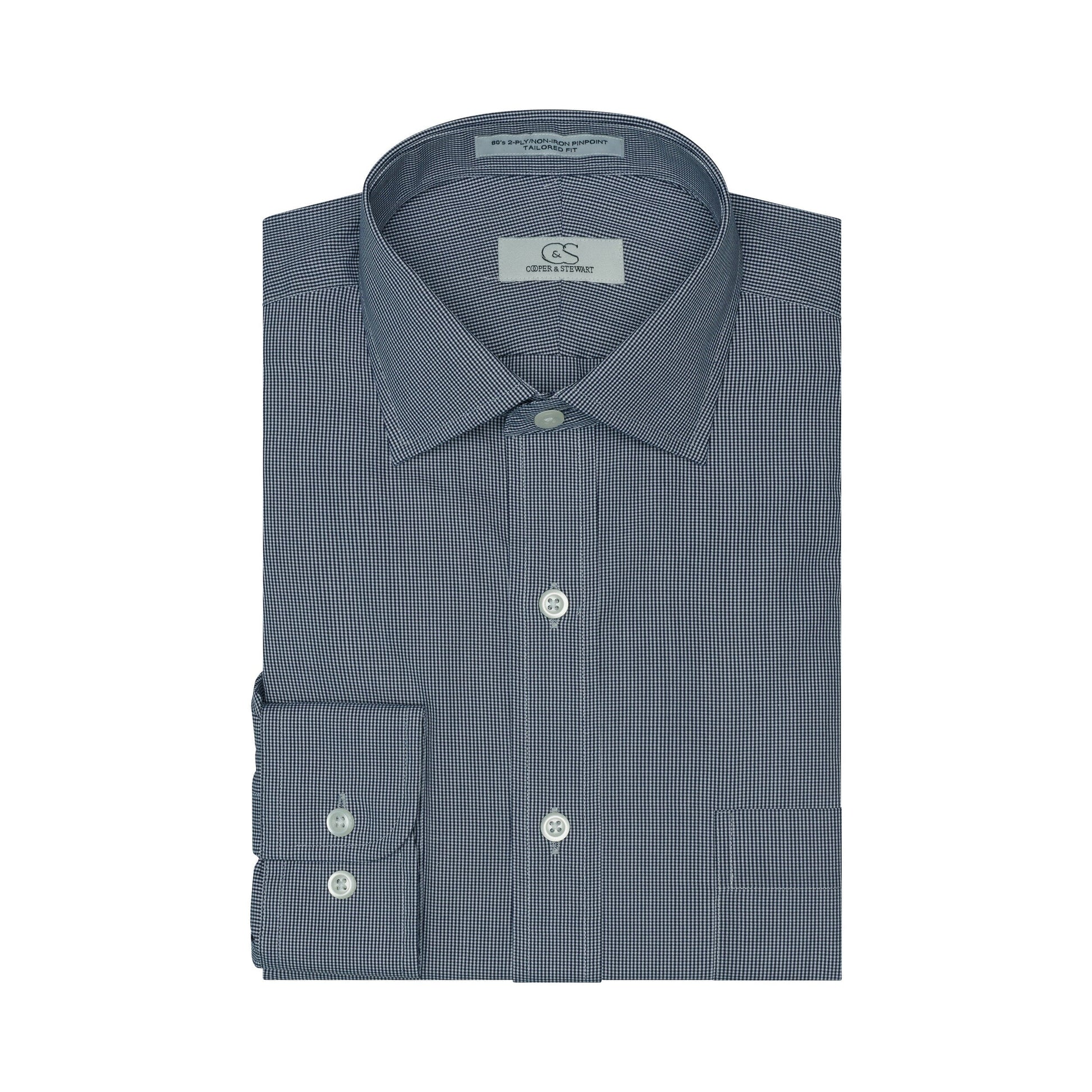 057 TF SC - Black Houndstooth Tailored Fit Spread Collar Cooper and Stewart 