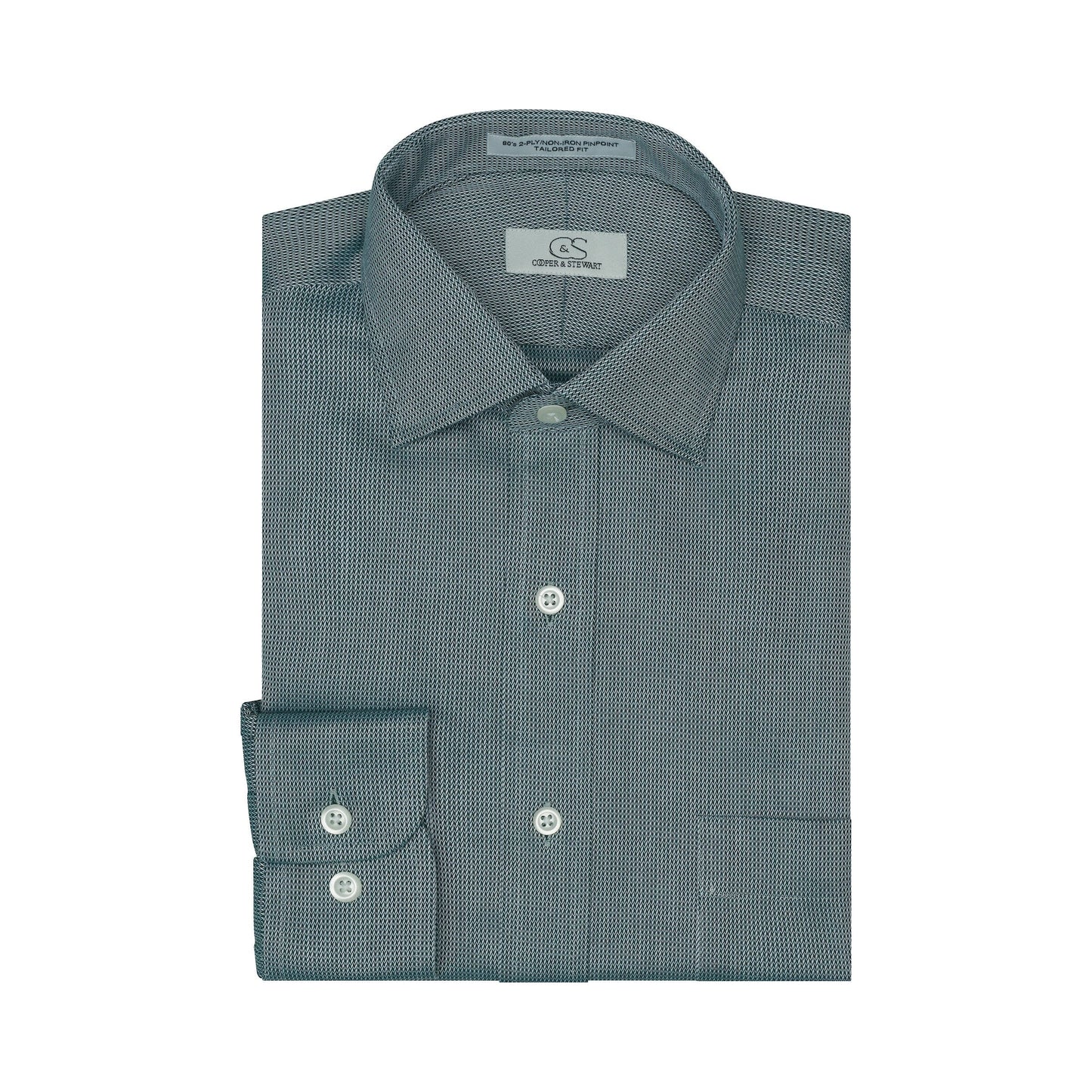058 TF SC - Hunter Green Tonal Dobby Tailored Fit Spread Collar Cooper and Stewart 