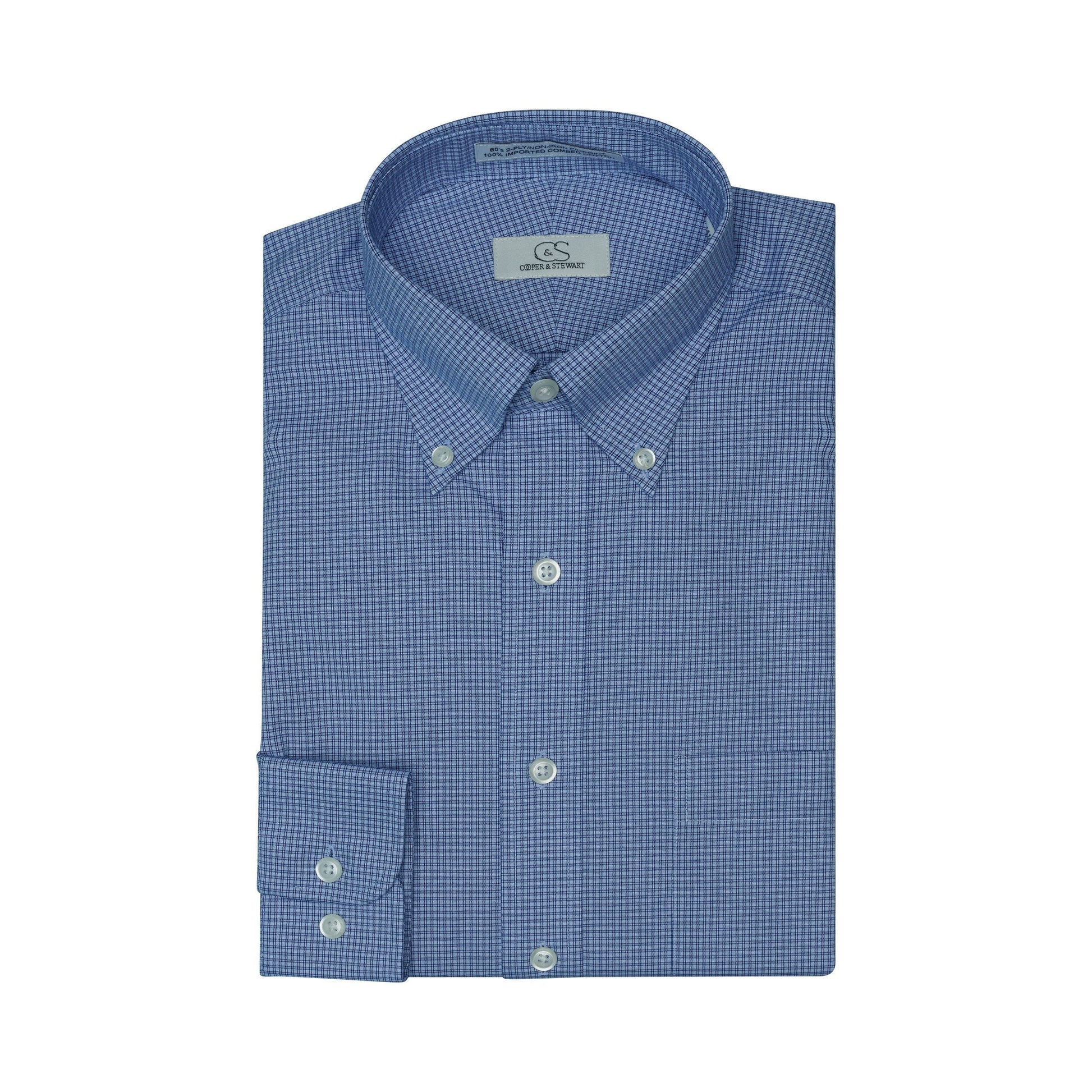 064 TF BD - Blue Double Line Check Tailored Fit Button Down Collar Cooper and Stewart 