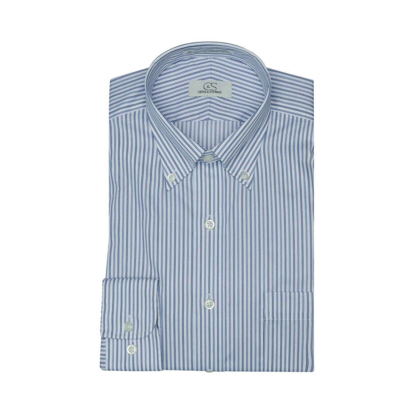071 BD - White Ground Blue Stripe Button Down Collar Cooper and Stewart 
