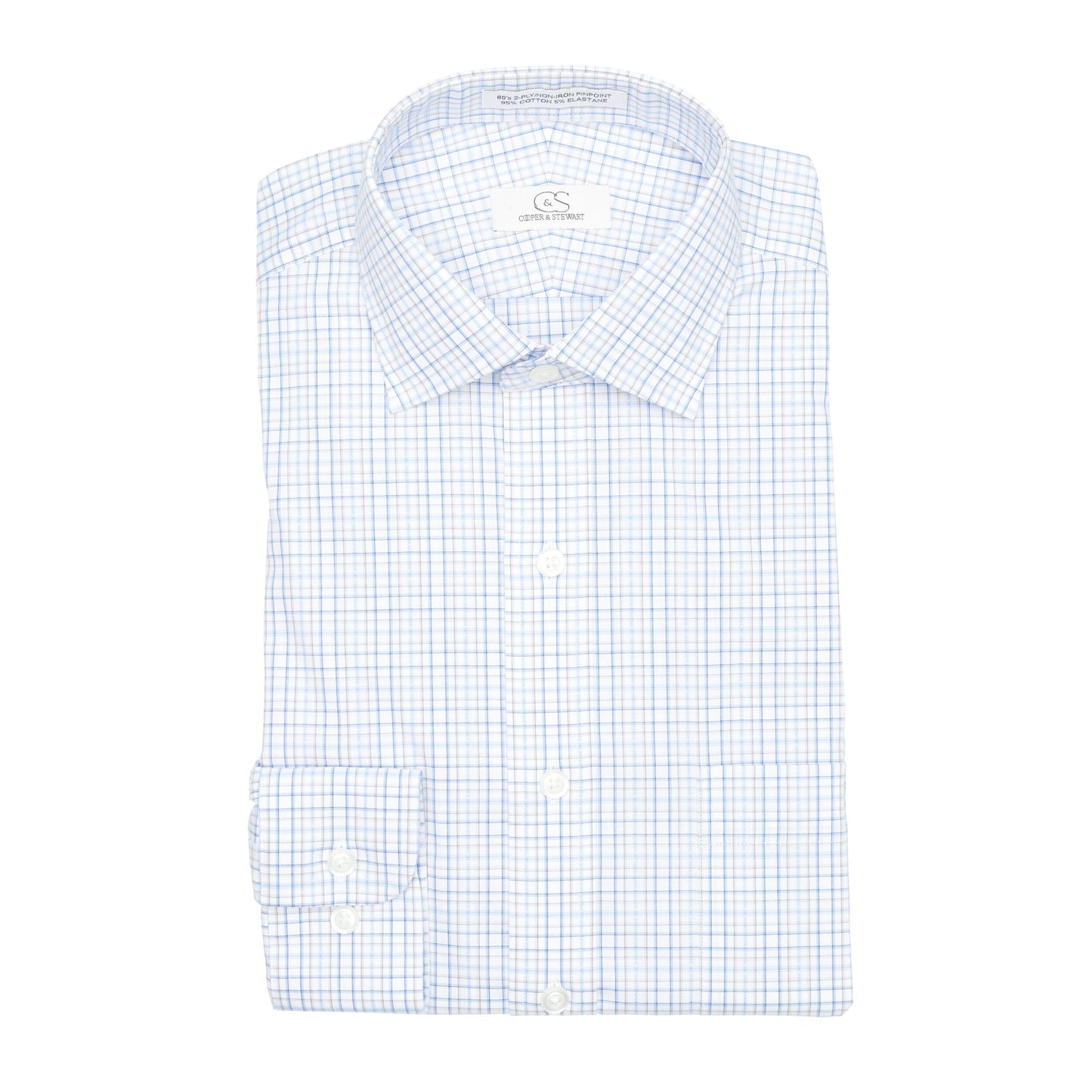 127 SC - White Ground Blue/Tan Plaid Spread Collar Dress Shirt Cooper and Stewart 