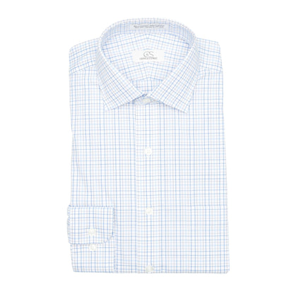 127 SC - White Ground Blue/Tan Plaid Spread Collar Dress Shirt Cooper and Stewart 