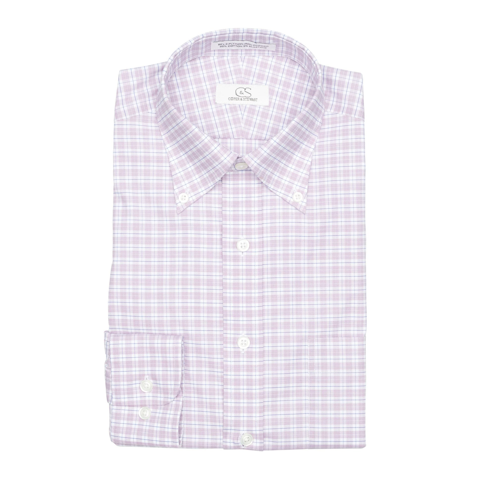 129 TF BD - Mauve & Blue Check Tailored Fit Button Down Collar (95/5) Dress Shirt Cooper and Stewart 